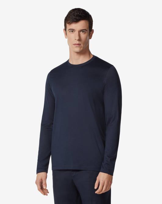 Rundhalspullover aus Seide und Baumwolle Corneliani Männer 8RL0116 Navy blau Kleidung