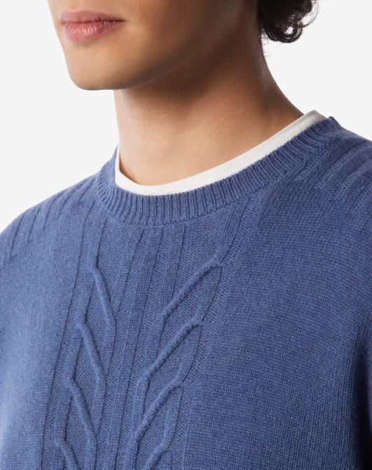 Zopfstrickpullover aus nachhaltiger Wolle und Kaschmir mit Rundhalsausschnitt Corneliani Männer 8RL0132 Blau Kleidung