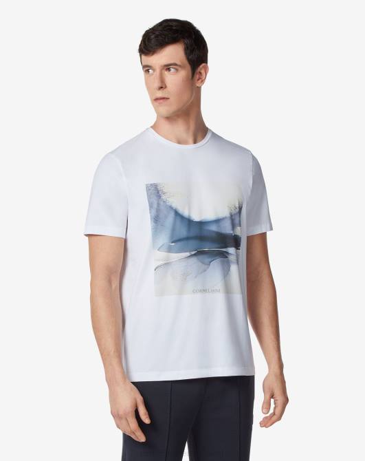 Baumwoll-T-Shirt mit Rundhalsausschnitt und Aufdruck Corneliani Männer 8RL0287 Weiß Kleidung